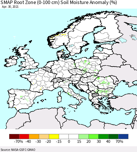 Europe SMAP Root Zone (0-100 cm) Soil Moisture Anomaly (%) Thematic Map For 4/26/2021 - 4/30/2021