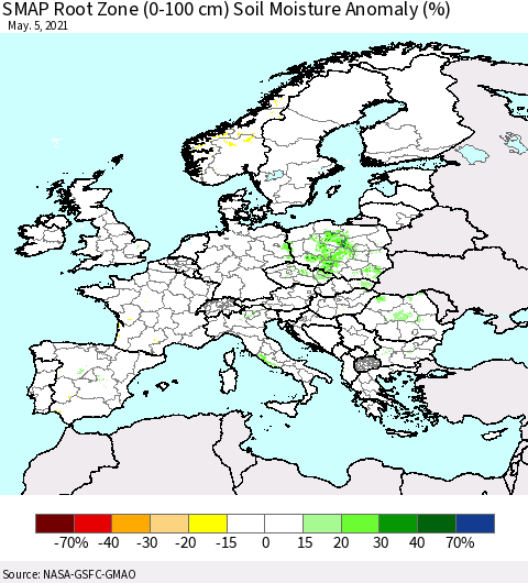 Europe SMAP Root Zone (0-100 cm) Soil Moisture Anomaly (%) Thematic Map For 5/1/2021 - 5/5/2021