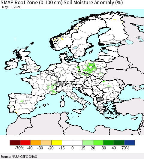 Europe SMAP Root Zone (0-100 cm) Soil Moisture Anomaly (%) Thematic Map For 5/6/2021 - 5/10/2021