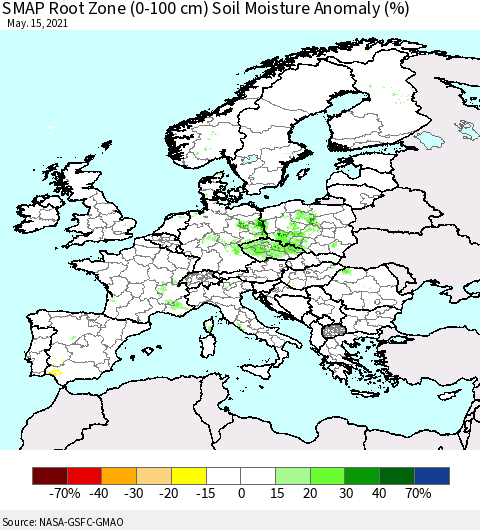 Europe SMAP Root Zone (0-100 cm) Soil Moisture Anomaly (%) Thematic Map For 5/11/2021 - 5/15/2021
