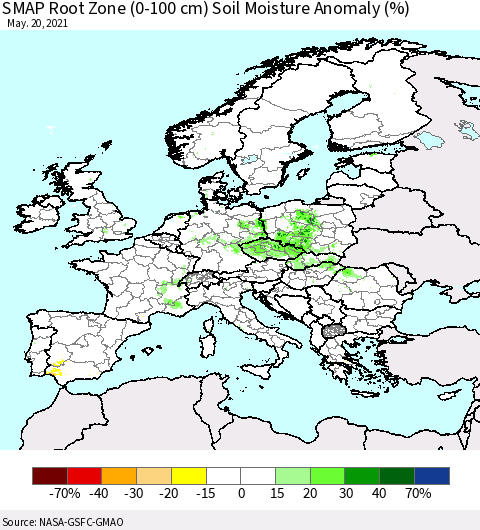 Europe SMAP Root Zone (0-100 cm) Soil Moisture Anomaly (%) Thematic Map For 5/16/2021 - 5/20/2021