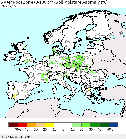 Europe SMAP Root Zone (0-100 cm) Soil Moisture Anomaly (%) Thematic Map For 5/21/2021 - 5/25/2021