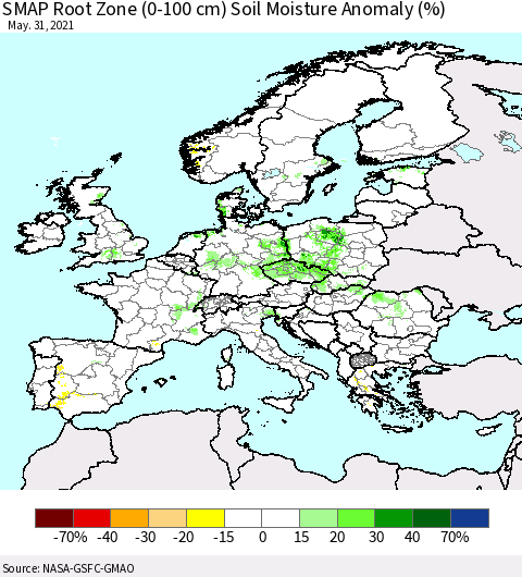 Europe SMAP Root Zone (0-100 cm) Soil Moisture Anomaly (%) Thematic Map For 5/26/2021 - 5/31/2021