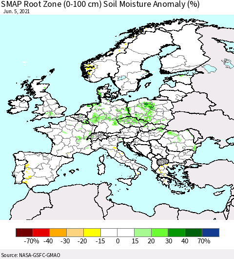 Europe SMAP Root Zone (0-100 cm) Soil Moisture Anomaly (%) Thematic Map For 6/1/2021 - 6/5/2021