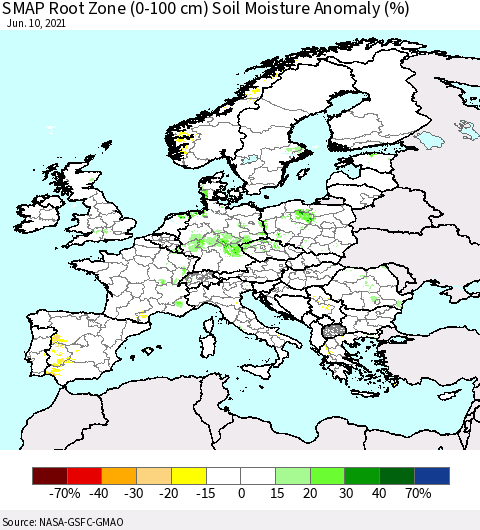 Europe SMAP Root Zone (0-100 cm) Soil Moisture Anomaly (%) Thematic Map For 6/6/2021 - 6/10/2021