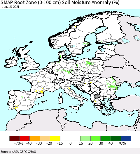 Europe SMAP Root Zone (0-100 cm) Soil Moisture Anomaly (%) Thematic Map For 6/11/2021 - 6/15/2021