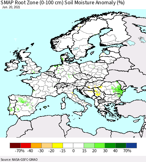 Europe SMAP Root Zone (0-100 cm) Soil Moisture Anomaly (%) Thematic Map For 6/16/2021 - 6/20/2021