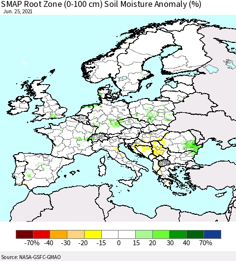 Europe SMAP Root Zone (0-100 cm) Soil Moisture Anomaly (%) Thematic Map For 6/21/2021 - 6/25/2021