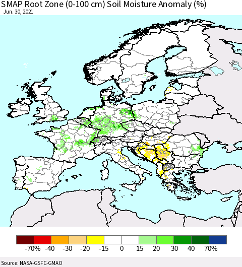 Europe SMAP Root Zone (0-100 cm) Soil Moisture Anomaly (%) Thematic Map For 6/26/2021 - 6/30/2021