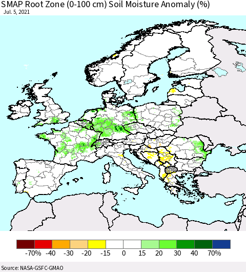 Europe SMAP Root Zone (0-100 cm) Soil Moisture Anomaly (%) Thematic Map For 7/1/2021 - 7/5/2021