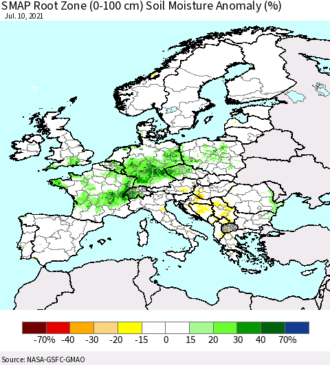 Europe SMAP Root Zone (0-100 cm) Soil Moisture Anomaly (%) Thematic Map For 7/6/2021 - 7/10/2021