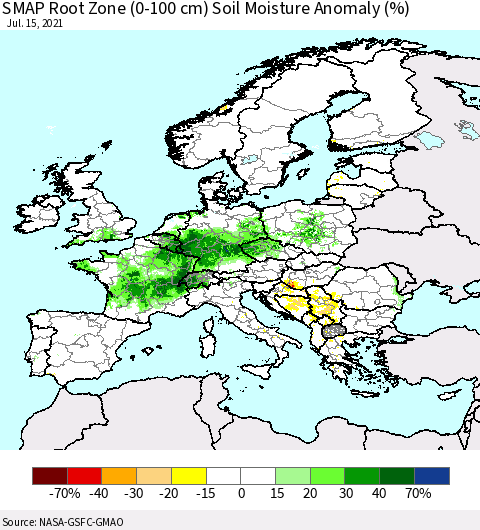 Europe SMAP Root Zone (0-100 cm) Soil Moisture Anomaly (%) Thematic Map For 7/11/2021 - 7/15/2021