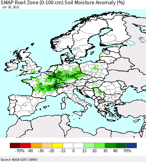 Europe SMAP Root Zone (0-100 cm) Soil Moisture Anomaly (%) Thematic Map For 7/16/2021 - 7/20/2021