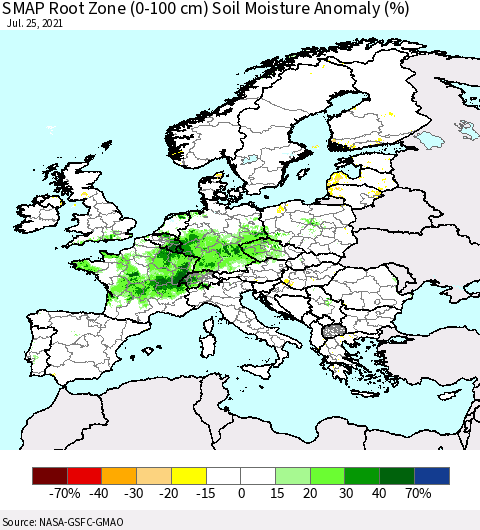 Europe SMAP Root Zone (0-100 cm) Soil Moisture Anomaly (%) Thematic Map For 7/21/2021 - 7/25/2021