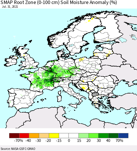 Europe SMAP Root Zone (0-100 cm) Soil Moisture Anomaly (%) Thematic Map For 7/26/2021 - 7/31/2021