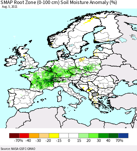 Europe SMAP Root Zone (0-100 cm) Soil Moisture Anomaly (%) Thematic Map For 8/1/2021 - 8/5/2021