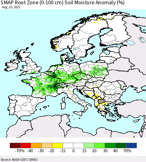 Europe SMAP Root Zone (0-100 cm) Soil Moisture Anomaly (%) Thematic Map For 8/6/2021 - 8/10/2021