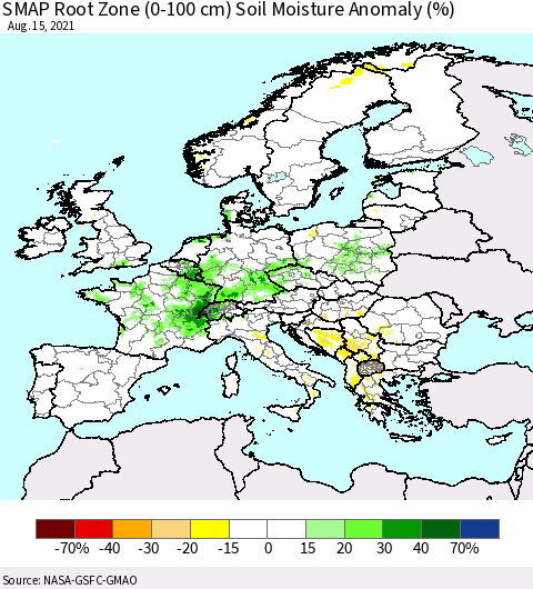 Europe SMAP Root Zone (0-100 cm) Soil Moisture Anomaly (%) Thematic Map For 8/11/2021 - 8/15/2021