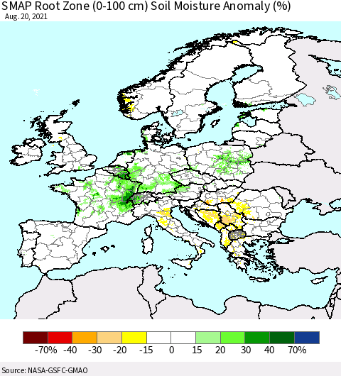 Europe SMAP Root Zone (0-100 cm) Soil Moisture Anomaly (%) Thematic Map For 8/16/2021 - 8/20/2021