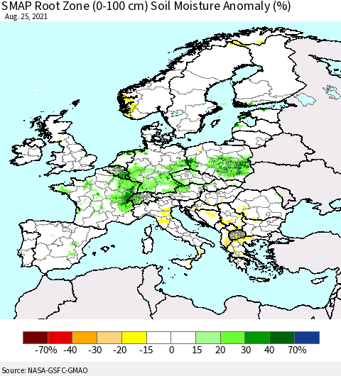 Europe SMAP Root Zone (0-100 cm) Soil Moisture Anomaly (%) Thematic Map For 8/21/2021 - 8/25/2021