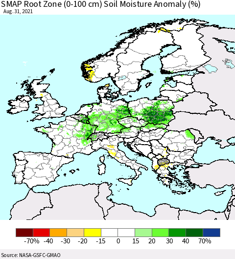 Europe SMAP Root Zone (0-100 cm) Soil Moisture Anomaly (%) Thematic Map For 8/26/2021 - 8/31/2021