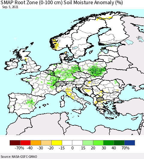 Europe SMAP Root Zone (0-100 cm) Soil Moisture Anomaly (%) Thematic Map For 9/1/2021 - 9/5/2021