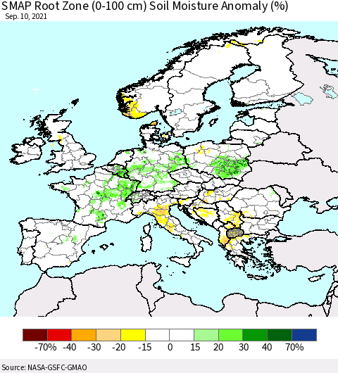 Europe SMAP Root Zone (0-100 cm) Soil Moisture Anomaly (%) Thematic Map For 9/6/2021 - 9/10/2021