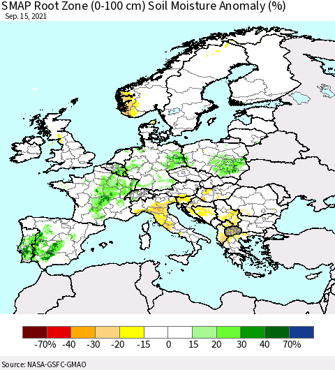 Europe SMAP Root Zone (0-100 cm) Soil Moisture Anomaly (%) Thematic Map For 9/11/2021 - 9/15/2021