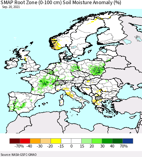 Europe SMAP Root Zone (0-100 cm) Soil Moisture Anomaly (%) Thematic Map For 9/16/2021 - 9/20/2021