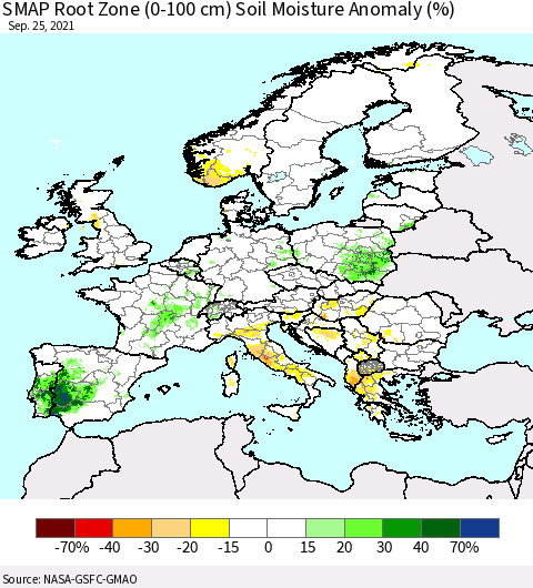 Europe SMAP Root Zone (0-100 cm) Soil Moisture Anomaly (%) Thematic Map For 9/21/2021 - 9/25/2021