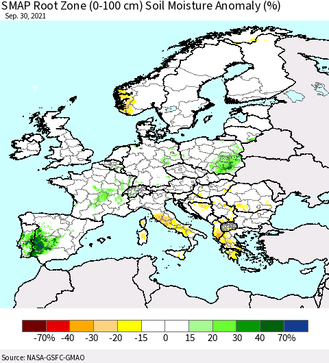 Europe SMAP Root Zone (0-100 cm) Soil Moisture Anomaly (%) Thematic Map For 9/26/2021 - 9/30/2021