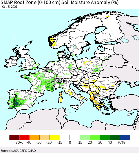 Europe SMAP Root Zone (0-100 cm) Soil Moisture Anomaly (%) Thematic Map For 10/1/2021 - 10/5/2021