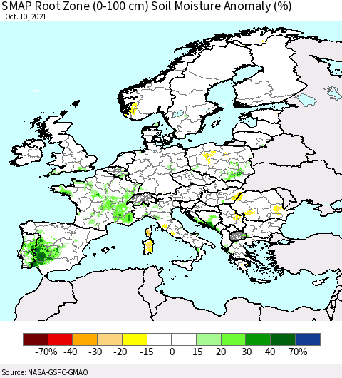 Europe SMAP Root Zone (0-100 cm) Soil Moisture Anomaly (%) Thematic Map For 10/6/2021 - 10/10/2021