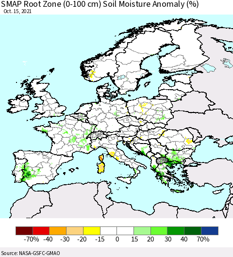 Europe SMAP Root Zone (0-100 cm) Soil Moisture Anomaly (%) Thematic Map For 10/11/2021 - 10/15/2021