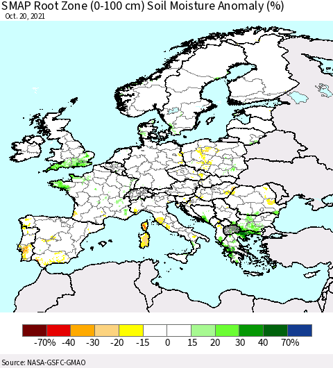 Europe SMAP Root Zone (0-100 cm) Soil Moisture Anomaly (%) Thematic Map For 10/16/2021 - 10/20/2021