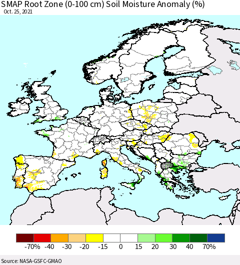 Europe SMAP Root Zone (0-100 cm) Soil Moisture Anomaly (%) Thematic Map For 10/21/2021 - 10/25/2021
