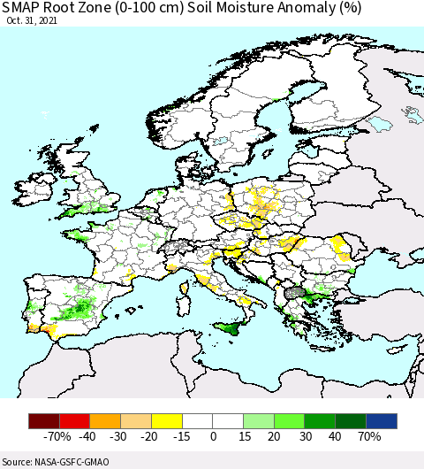Europe SMAP Root Zone (0-100 cm) Soil Moisture Anomaly (%) Thematic Map For 10/26/2021 - 10/31/2021