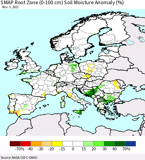 Europe SMAP Root Zone (0-100 cm) Soil Moisture Anomaly (%) Thematic Map For 11/1/2021 - 11/5/2021