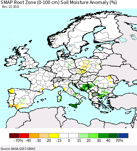 Europe SMAP Root Zone (0-100 cm) Soil Moisture Anomaly (%) Thematic Map For 11/6/2021 - 11/10/2021