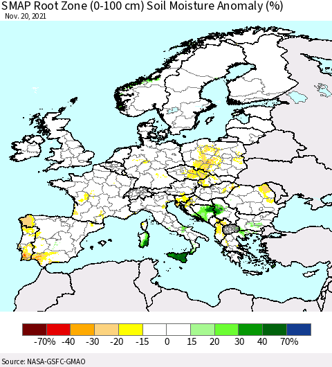Europe SMAP Root Zone (0-100 cm) Soil Moisture Anomaly (%) Thematic Map For 11/16/2021 - 11/20/2021