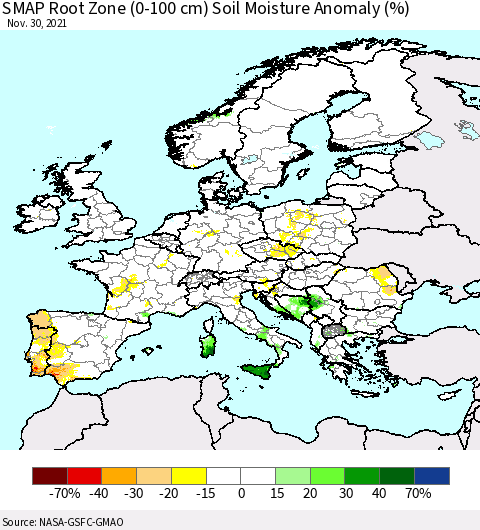 Europe SMAP Root Zone (0-100 cm) Soil Moisture Anomaly (%) Thematic Map For 11/26/2021 - 11/30/2021