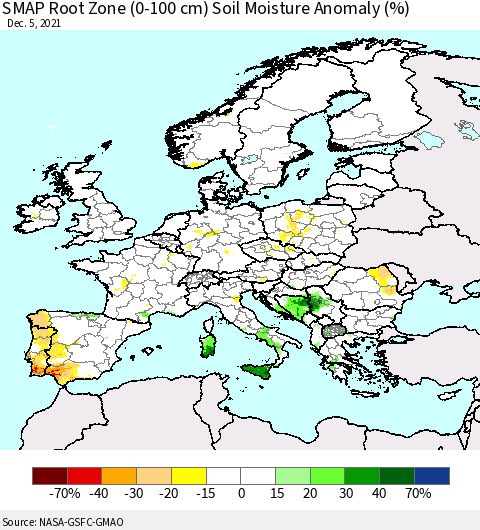 Europe SMAP Root Zone (0-100 cm) Soil Moisture Anomaly (%) Thematic Map For 12/1/2021 - 12/5/2021
