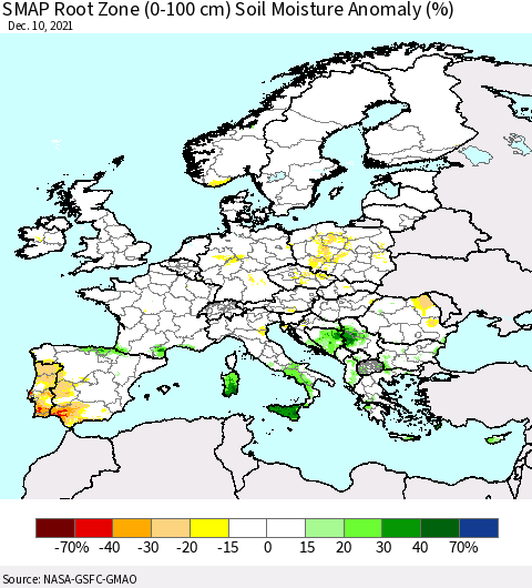 Europe SMAP Root Zone (0-100 cm) Soil Moisture Anomaly (%) Thematic Map For 12/6/2021 - 12/10/2021