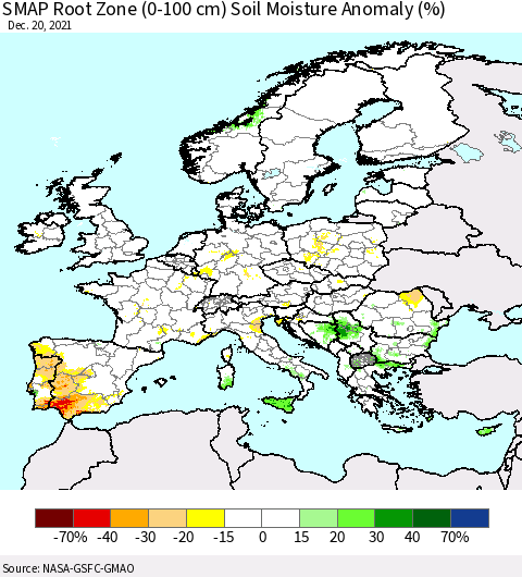 Europe SMAP Root Zone (0-100 cm) Soil Moisture Anomaly (%) Thematic Map For 12/16/2021 - 12/20/2021