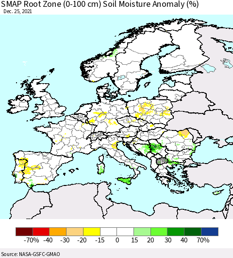 Europe SMAP Root Zone (0-100 cm) Soil Moisture Anomaly (%) Thematic Map For 12/21/2021 - 12/25/2021