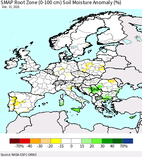 Europe SMAP Root Zone (0-100 cm) Soil Moisture Anomaly (%) Thematic Map For 12/26/2021 - 12/31/2021