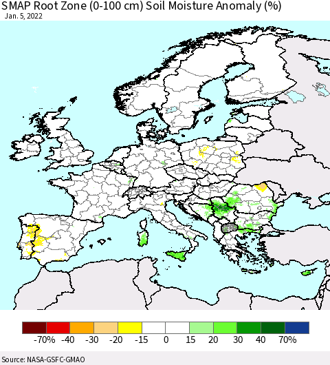 Europe SMAP Root Zone (0-100 cm) Soil Moisture Anomaly (%) Thematic Map For 1/1/2022 - 1/5/2022