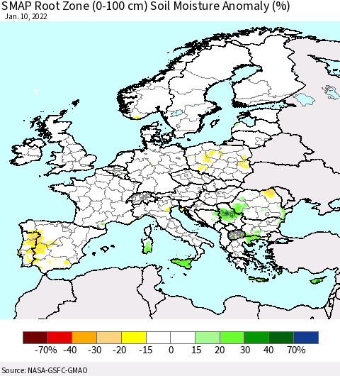 Europe SMAP Root Zone (0-100 cm) Soil Moisture Anomaly (%) Thematic Map For 1/6/2022 - 1/10/2022