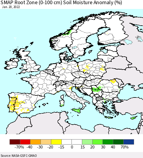 Europe SMAP Root Zone (0-100 cm) Soil Moisture Anomaly (%) Thematic Map For 1/16/2022 - 1/20/2022