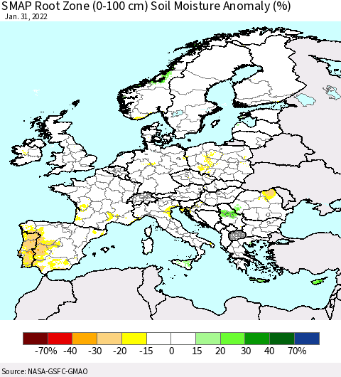 Europe SMAP Root Zone (0-100 cm) Soil Moisture Anomaly (%) Thematic Map For 1/26/2022 - 1/31/2022